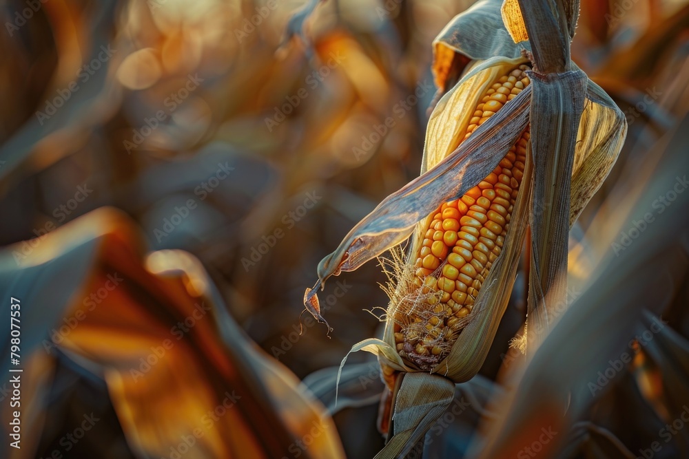 Poster close up of a corn cob in a field. suitable for agricultural themes