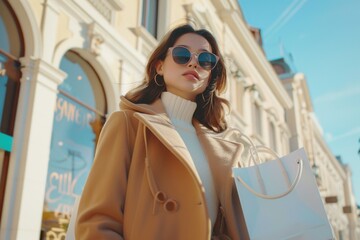 Woman in coat and sunglasses holding a shopping bag, perfect for retail or fashion concepts