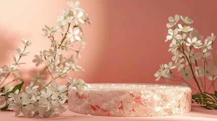 Podium for product, minimal design, peach tone, flowers decoration.