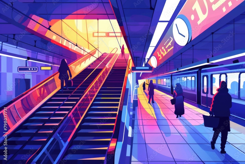 Poster a crowded subway station with people walking on the escalator. suitable for transportation concepts