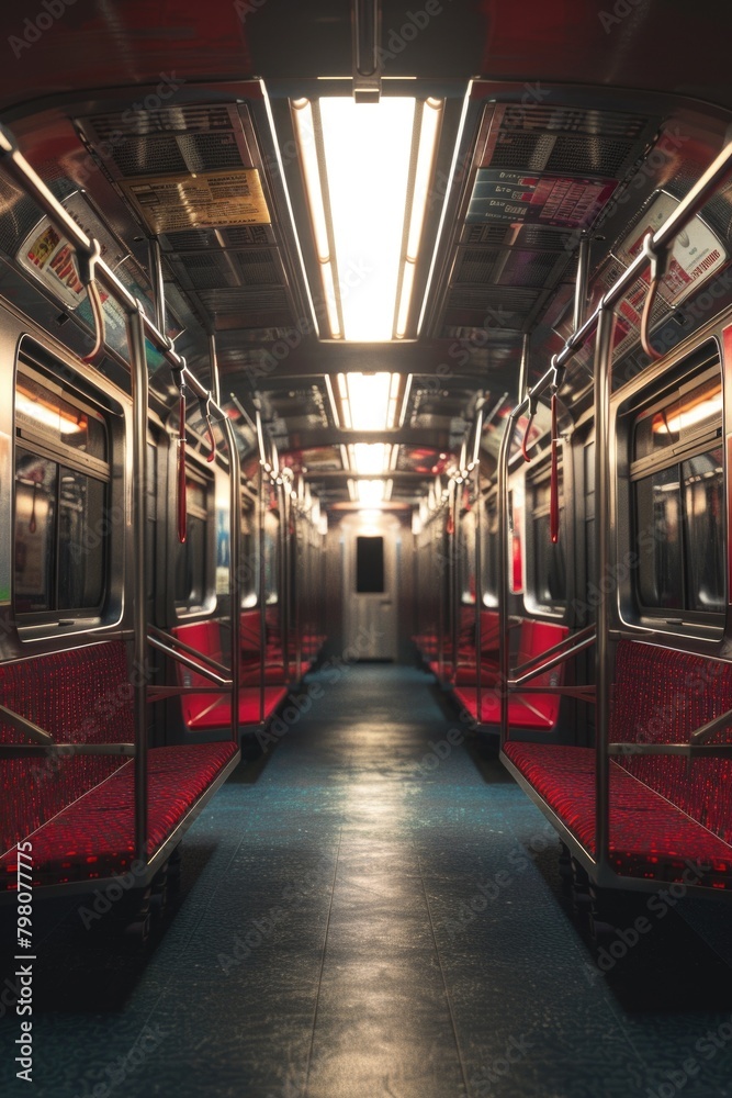 Poster interior of a subway car with red seats and a skylight. suitable for transportation concepts