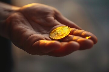 Close-up of a person holding a gold coin. Suitable for financial concepts