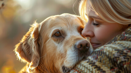 A tender moment between a woman and her loyal golden retriever