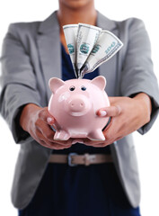 Business, woman and savings or money in studio for investment or cashback, profit and financial...