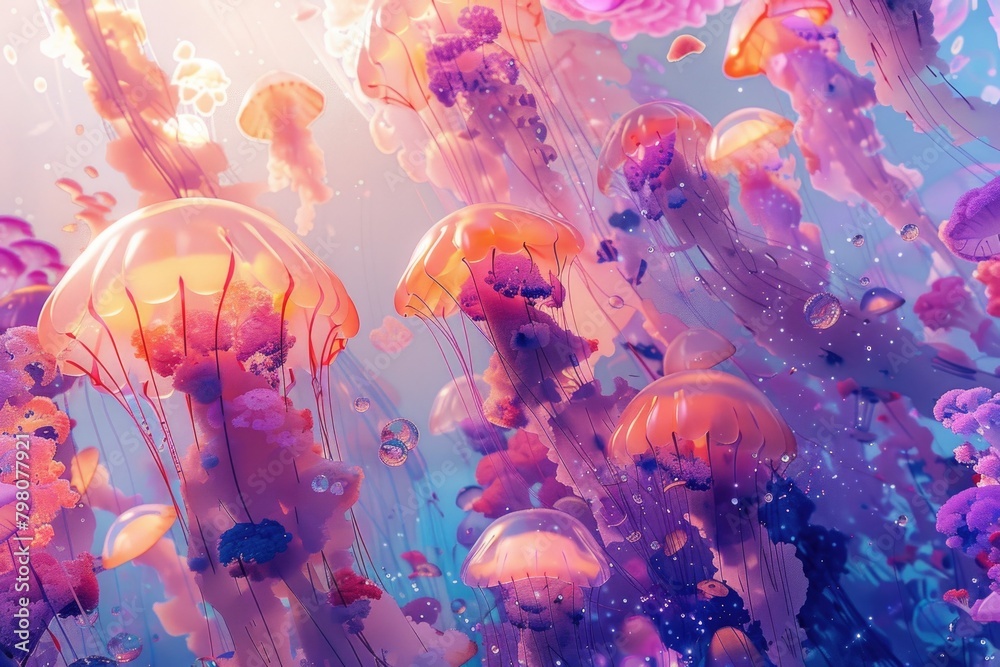 Poster a bunch of jellyfish floating in the ocean. suitable for marine life concepts