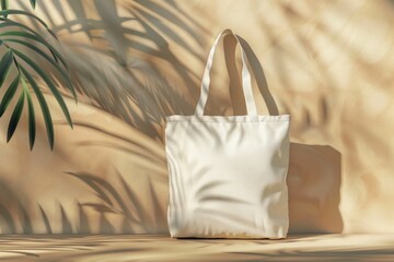 A white tote bag sitting next to a palm tree. Ideal for fashion or travel concepts