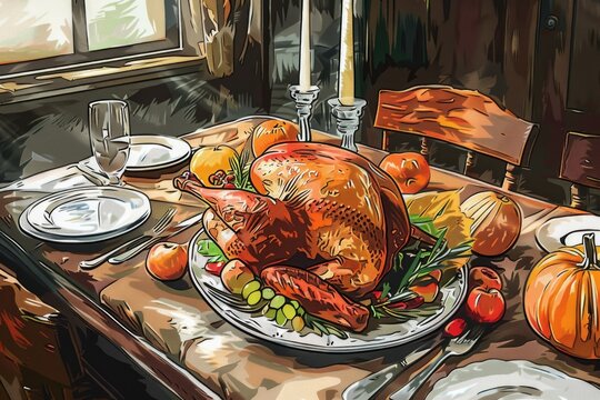 A painting of a turkey sitting on a plate, suitable for Thanksgiving decorations