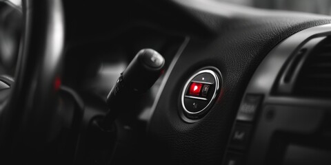 Close up of a steering wheel with a red light, perfect for automotive concepts