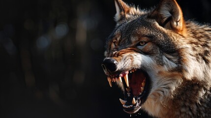 Powerful roaring wolf close-up: majestic wildlife portrait in dramatic black background
