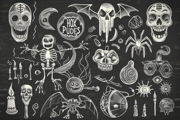 Chalkboard drawing of various Halloween items, perfect for seasonal designs