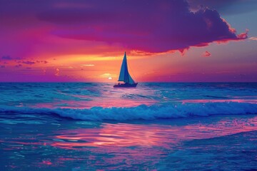 A beautiful sailboat sailing in the ocean at sunset. Perfect for travel and adventure concepts