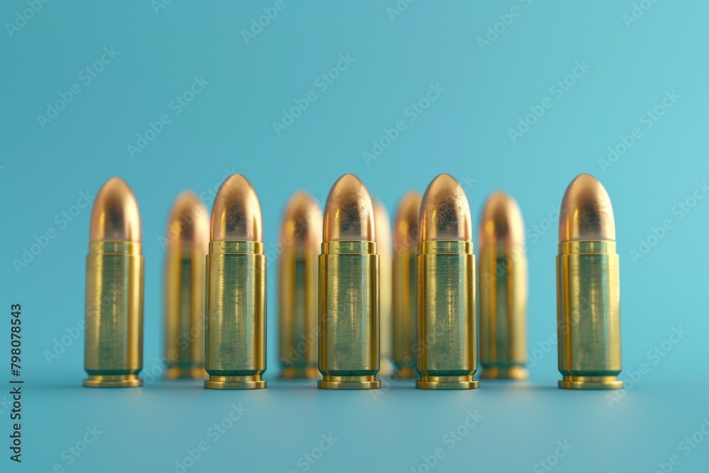 Poster a row of bullet shells on a blue surface. suitable for military or crime-related themes