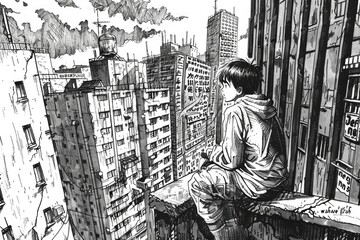 A boy sits on a ledge admiring the cityscape. Ideal for urban-themed designs
