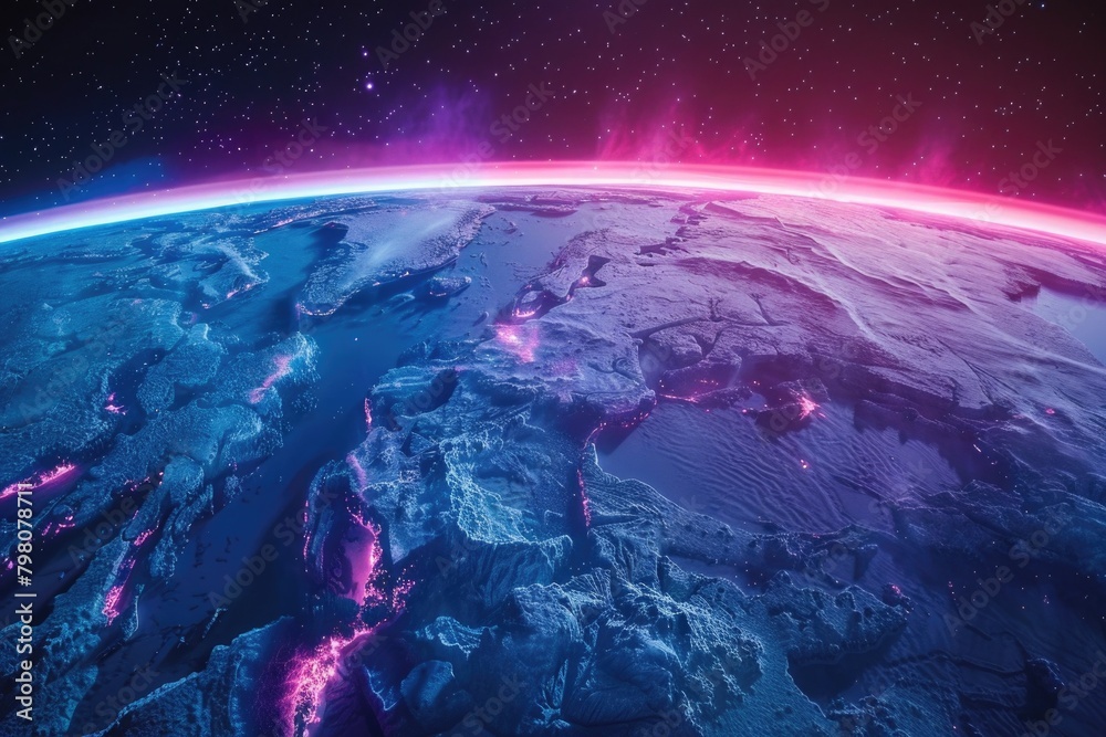 Poster a stunning view of the earth from space with pink lights. perfect for science or technology concepts