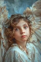 Fototapeta premium A young girl wearing angel wings on her head, suitable for various spiritual or fantasy themes