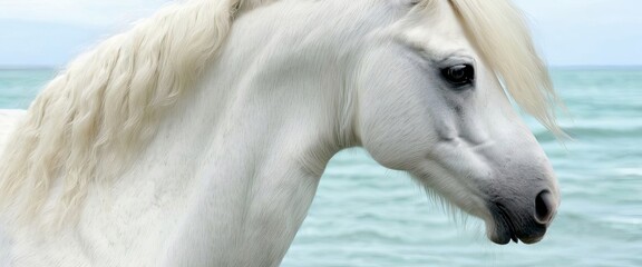 Maned white horse stands majestically on the beach with a view of the ocean waves