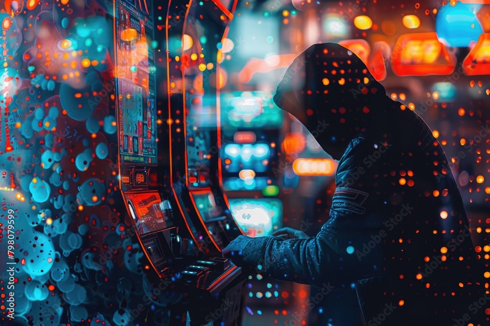 Poster A person in a hoodie playing a game of slot machines. Suitable for gambling or entertainment concepts