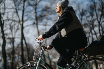 Serene young woman enjoying a sunny winter day on a vintage bicycle in the park.