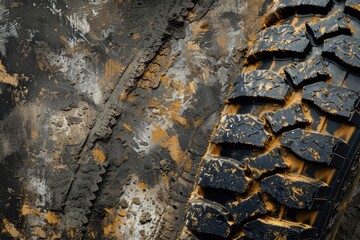 Detailed view of a tire on a dirty surface, suitable for automotive industry