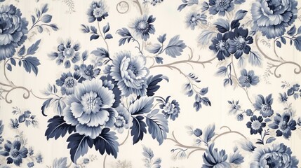 Classic wallpaper design with intricate blue flowers and delicate white details that create a timeless elegant pattern