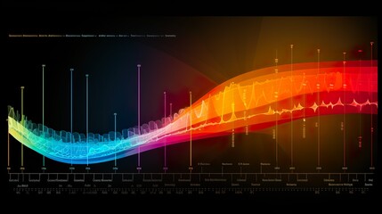 This image showcases a gradient color wave graph with data points, annotations, and a dark background