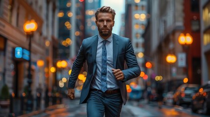 Happy wealthy rich successful caucasian businessman standing in big city modern skyscrapers , Ai generated image