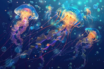 A group of jellyfish floating in the water. Perfect for marine life concepts - obrazy, fototapety, plakaty