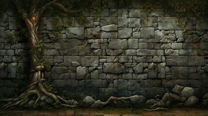 A mystical stonewall with green foliage and a singular tree creating a fantasy backdrop