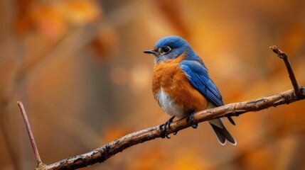 Fototapeta premium Vivid blue bird perched on blossoming branch in springtime nature scene