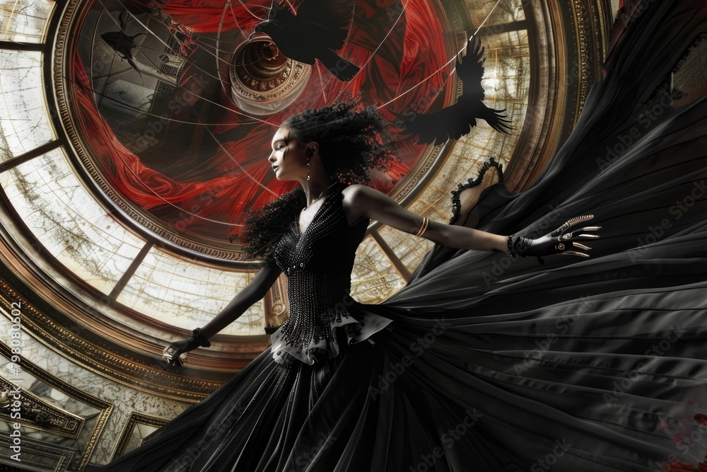 Poster a woman in a black dress standing in front of a clock. ideal for time management concepts