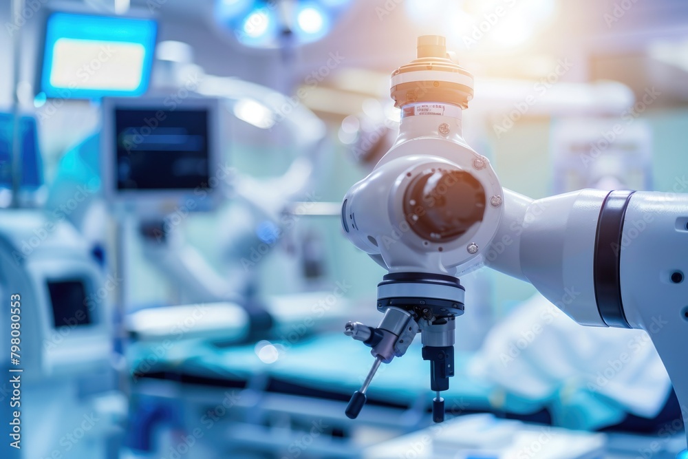 Poster a robotic arm with a camera in a medical operating room. suitable for medical technology concepts