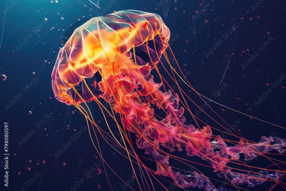 Poster a jellyfish floating in the water with bubbles. suitable for marine life concepts
