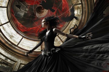 A woman in a black dress standing in front of a clock. Ideal for time management concepts