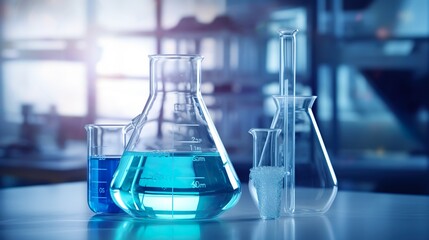 Science-oriented image showing laboratory glassware with clear blue liquids inside