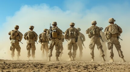 Group of male soldiers in combat uniforms, standing together in a dusty field, showing unity and strength, under a clear blue sky - obrazy, fototapety, plakaty