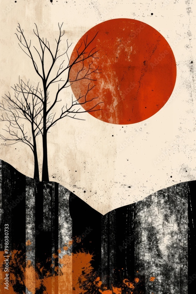 Poster artistic depiction of two trees under a red sun. suitable for nature themes