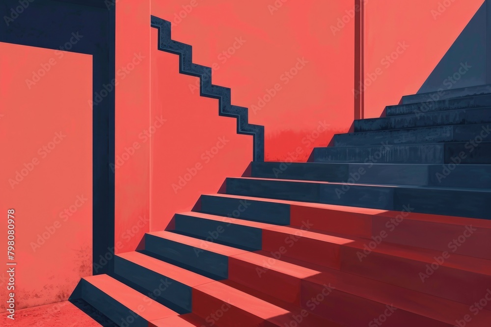 Poster a set of stairs leading up to a vibrant red wall. suitable for architectural or interior design conc