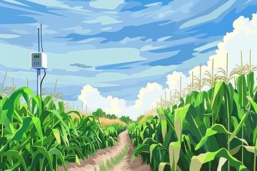 Obraz premium A painting of a corn field with a radio tower in the background. Suitable for agricultural or communication themes