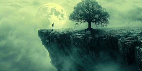 Dreamlike vision: solitude atop a cliff under a giant moon