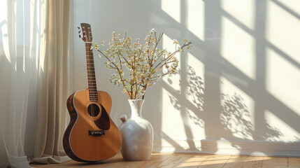 brown guitar Beside a large white vase with flowers in it,