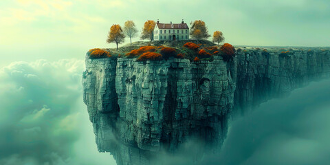Enigmatic cliff house in autumnal haze