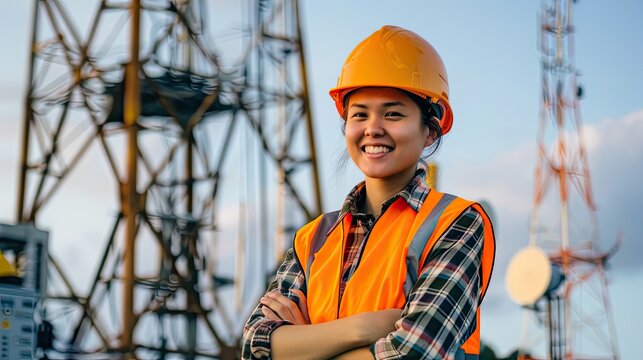 A portrait of an attractive smiling young female telecom engineer with his arms crossed