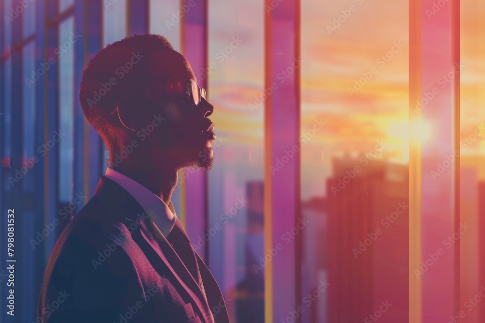 Poster a man in a suit looking out of a window, suitable for business concepts
