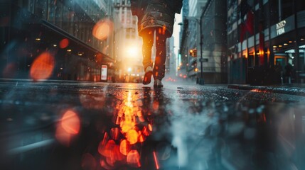 A person walking in the rain with an umbrella. Suitable for weather or urban lifestyle concepts - Powered by Adobe