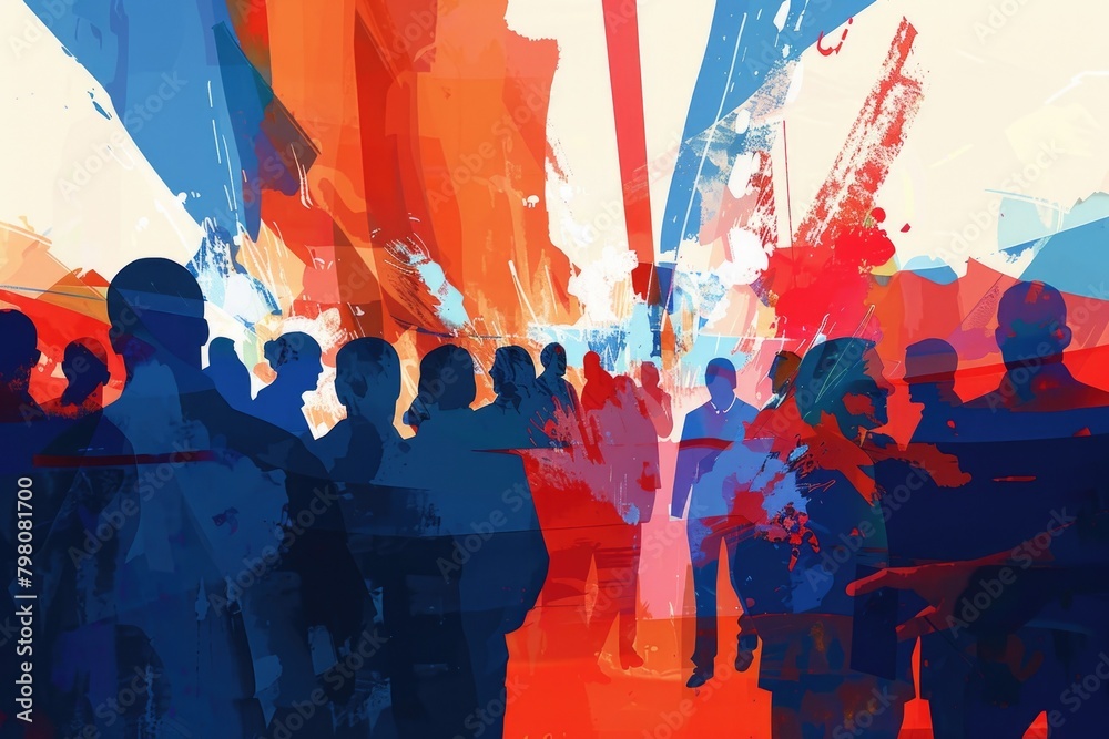 Poster a group of people standing in front of a building. suitable for corporate and business concepts