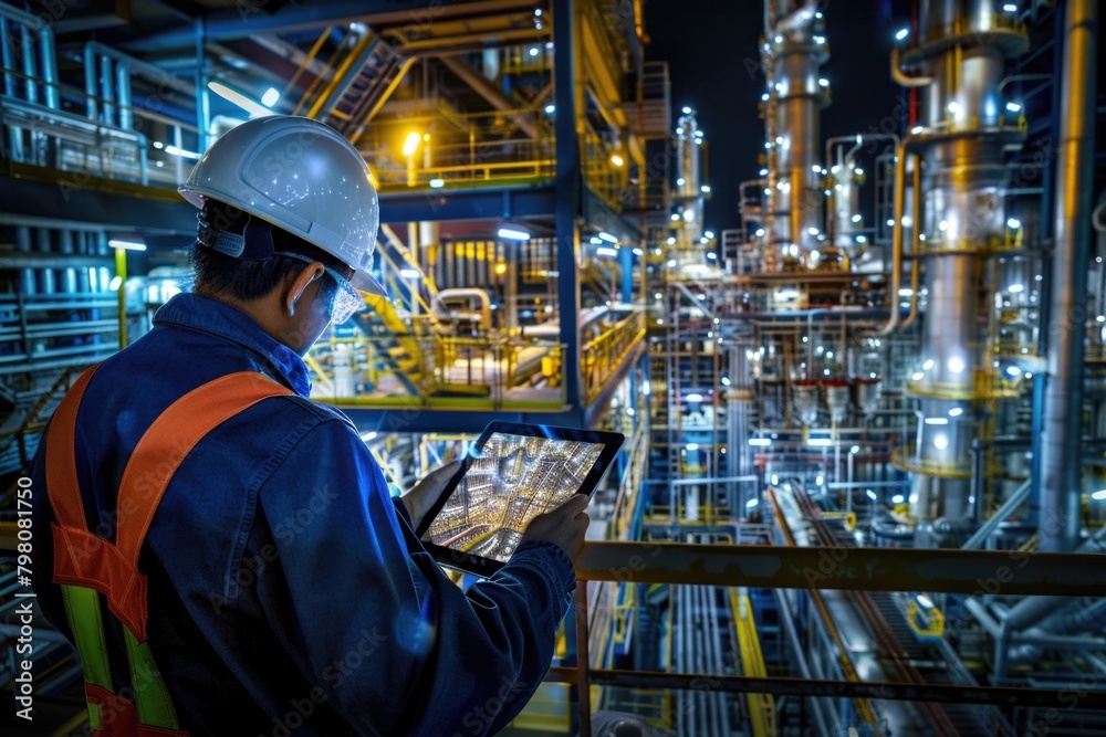 Poster a man in a hard hat using a tablet. suitable for construction industry concepts