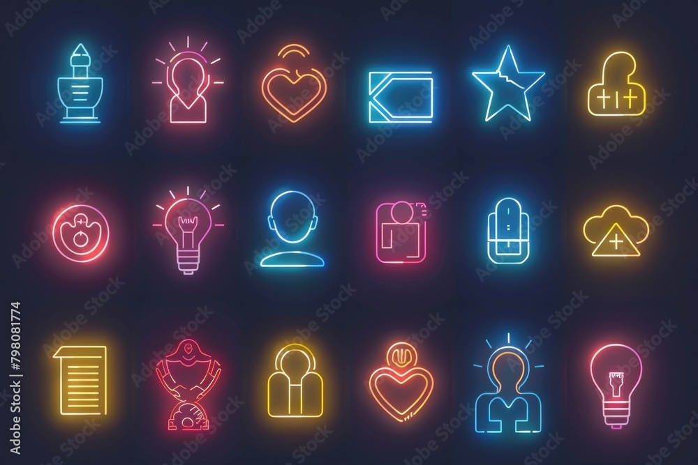Poster A set of neon glowing icons on a dark background. Perfect for tech and futuristic concepts