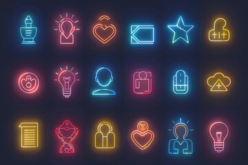 A set of neon glowing icons on a dark background. Perfect for tech and futuristic concepts