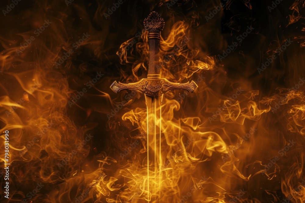 Poster a powerful flaming sword against a dark backdrop. suitable for fantasy or battle themed projects