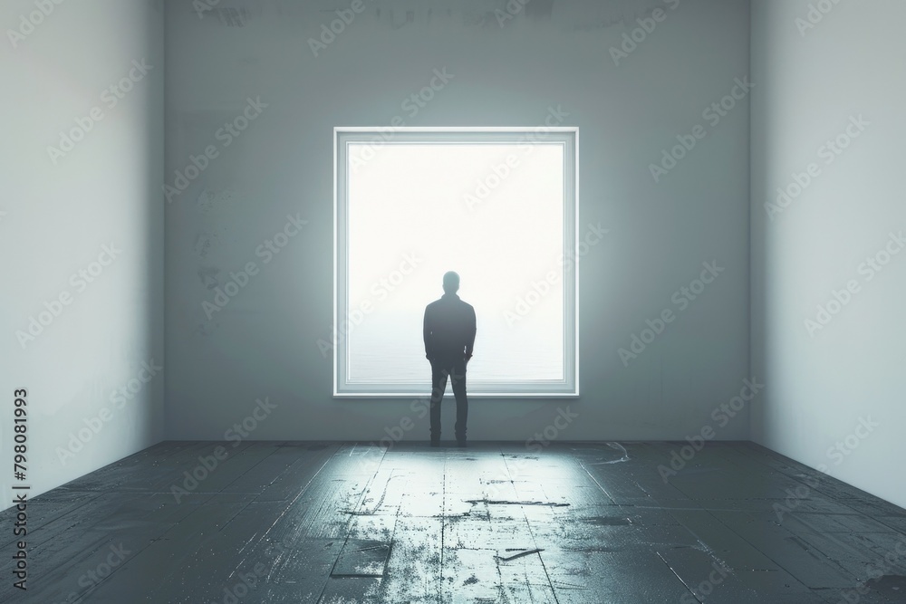 Poster A man standing in front of an open window. Perfect for interior design concepts